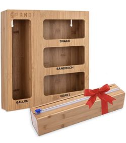 Bamboo Storage Baggie Organizer, Wrap Dispenser with Slide Cutter