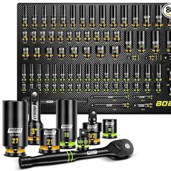 BOEN 80-Pieces 1/2" & 3/8" Drive Master Impact Socket Set, 6 Point, Professional Metric Deep & Shallow Sockets (8-32mm), Cr-Mo, Includes 1/2" Drive 90