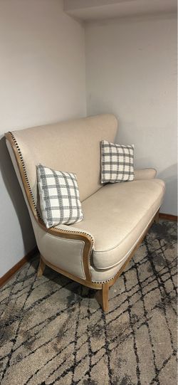 Beige Linen Loveseat with Nailhead Trim