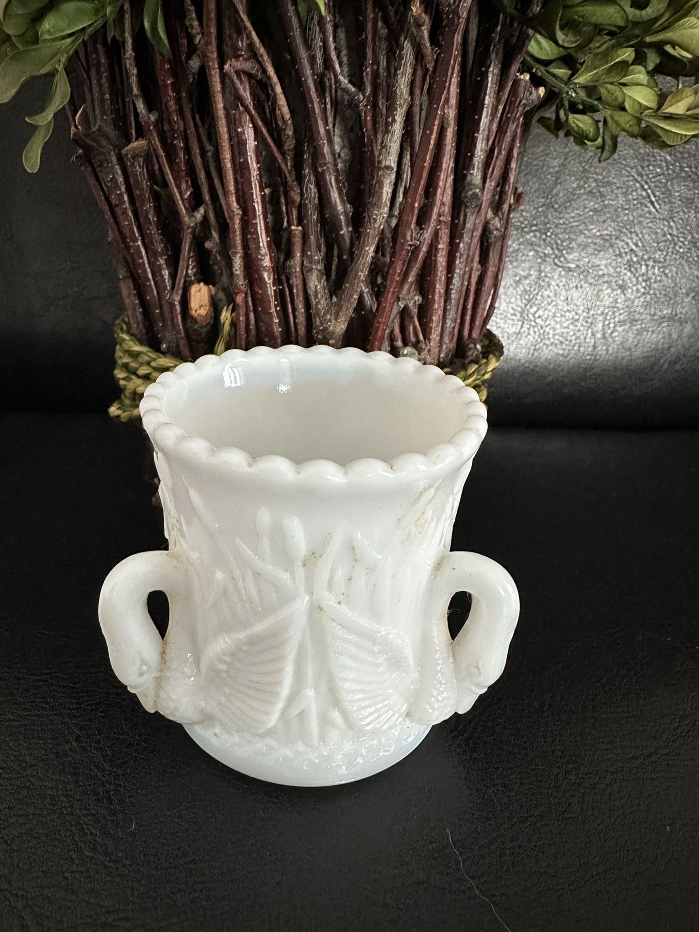 Westmoreland Milk Glass Toothpick Holder features 3 Swan handles "Swans in the Rushing" Motif 1950's