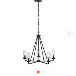 Bainbridge 24 in. 5-Light Black Outdoor Urban Industrial Chandelier with Clear Seeded Glass Shades