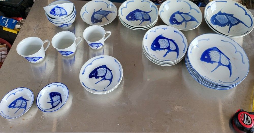 Vintage Cobalt Blue Koi Dinner China 27 Pc