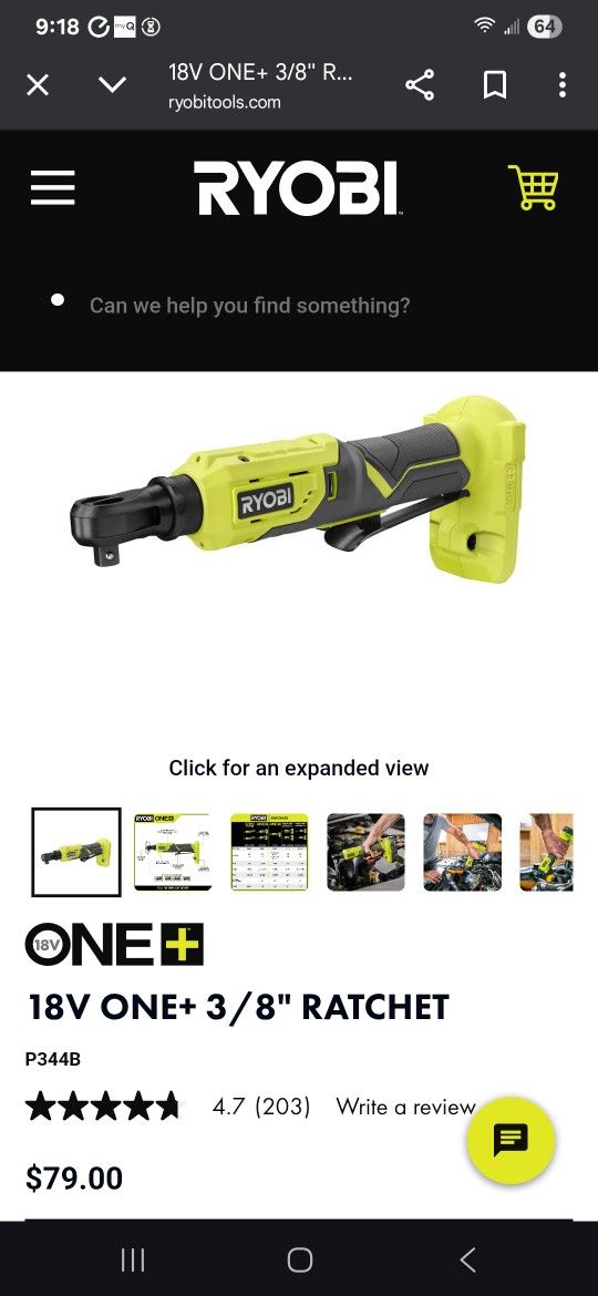RYOBI ONE+ 18V Cordless 3/8 in. 4-Position Ratchet plus a free Black & Decker ratcheting screwdriver