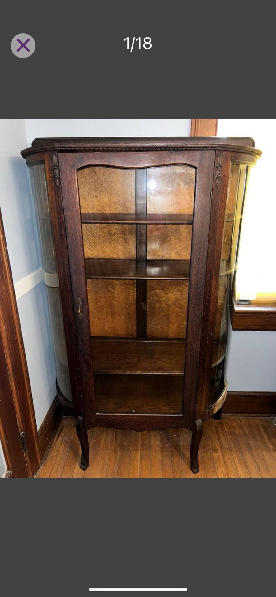1920 Antique China Closet Cabinet Curved Glass Sides Oak 4 Shelves