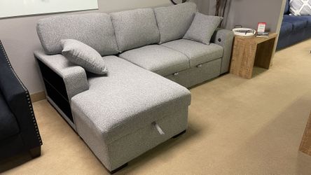 Sleeper Sectional with Left Chaise, Pull-out Bed and Hidden Storage, Charging Ports