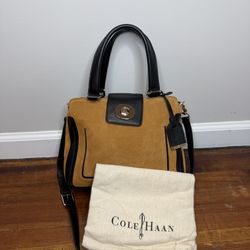 Cole Haan Suede Satchel in Mustard with Black Trim