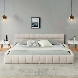 🔥Brand new in Box 🔥Beige Wood Frame California King Size Platform Bed with Headboard and Bed Frame Upholstered in Thick Chenille Fabric(Beige)  💰23