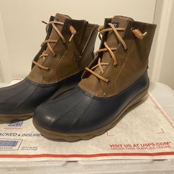 Women's Sperry Size 9 M Brown Navy Waterproof Rubber Boots STS84628 EUC Blue 