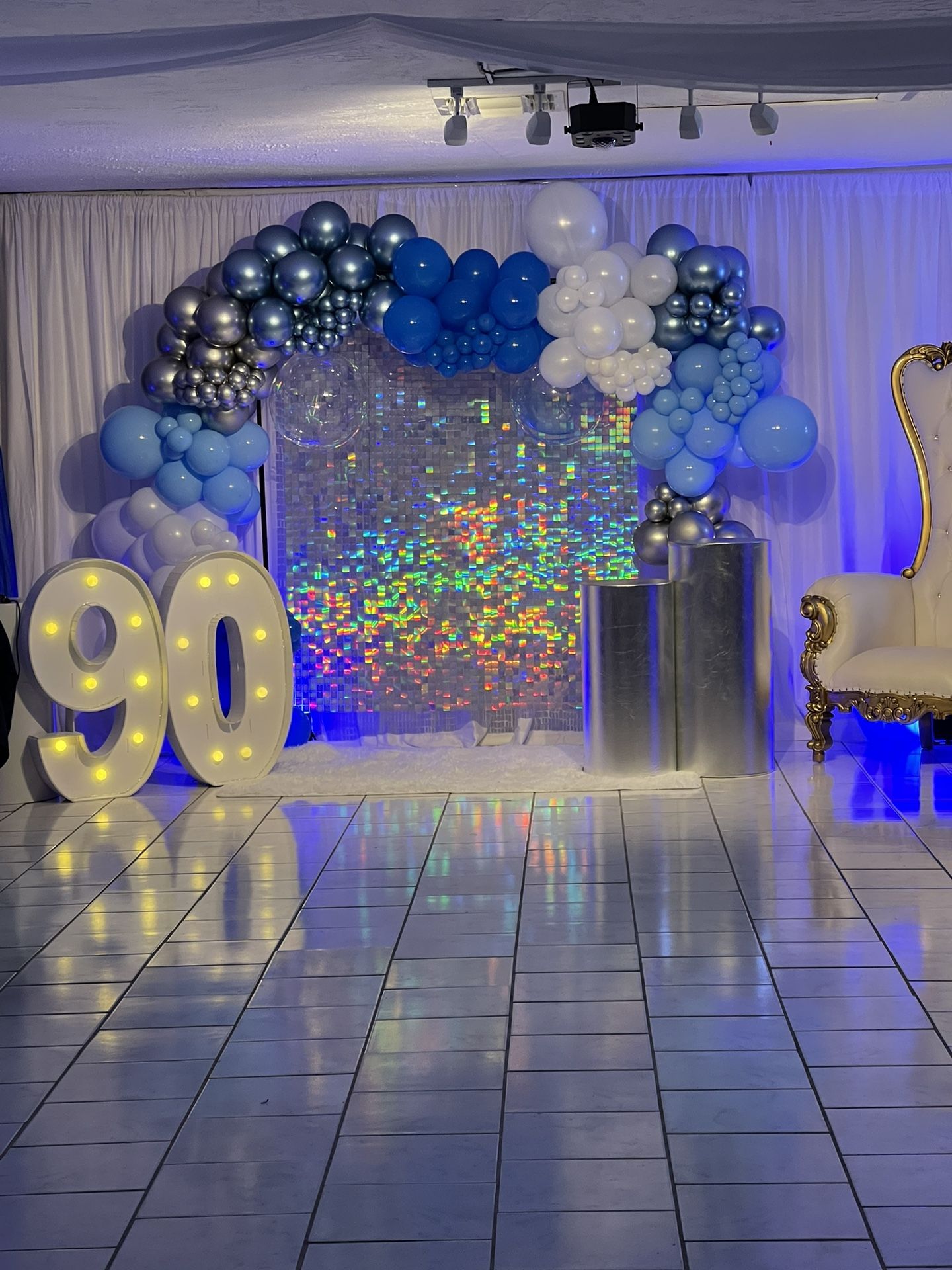 Balloon Decorations- 90th Birthday- Blue , Silver, Light blue Metallic