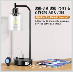 Black Nightstand Set of 2, LED Nightstand with Charging Station