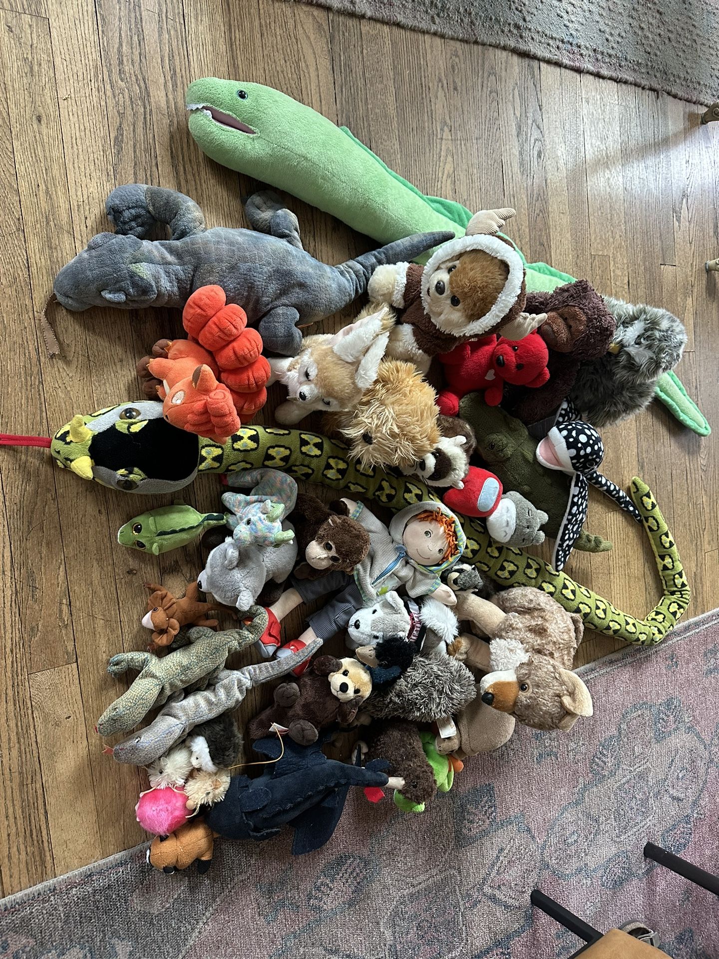 Assortment Of 36 Stuffed Animals & Fabric Storage Bins