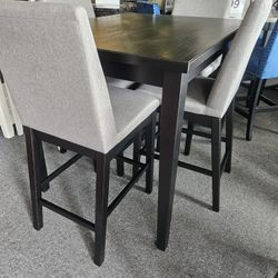 Brand New Espresso Counter High Dining Table (42"×42"×36"H) + 4 Gray Linen Chairs