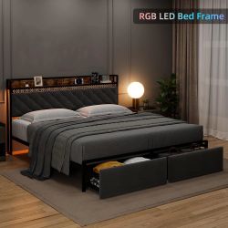 Bed Frame with RGB LED Lights Headboard & 2 Storage Drawers- Full