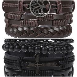 2 x Set Adjust. Size up to 9.5inc Leather Bracelet, Tree of Life (Brown-Cross)