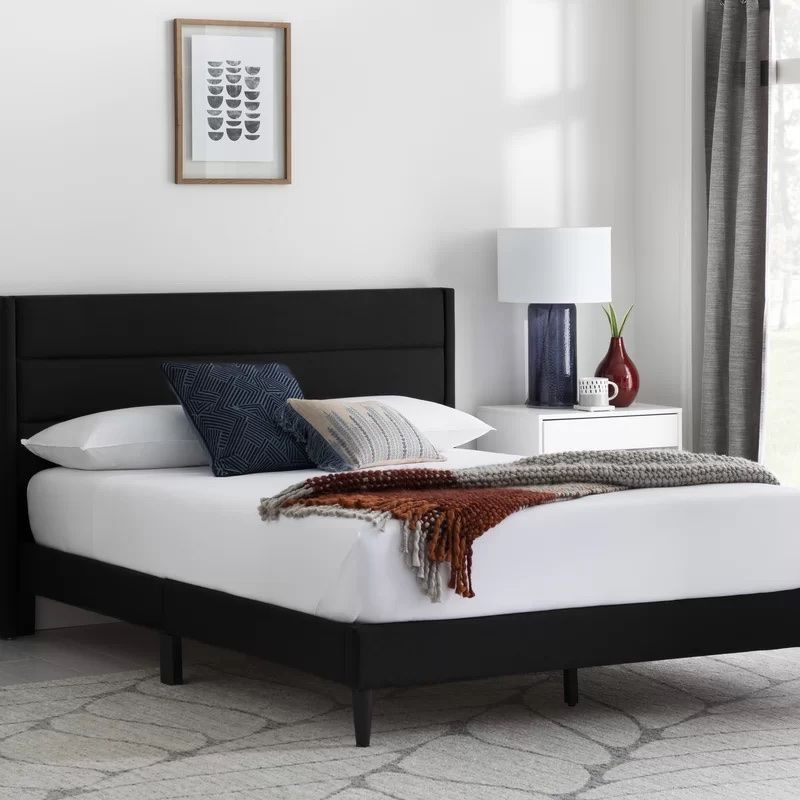 Upholstered Low Profile Platform Bed, Black, Queen