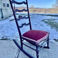 Antique wooden for slat ladder back small rocking chair with original cushion