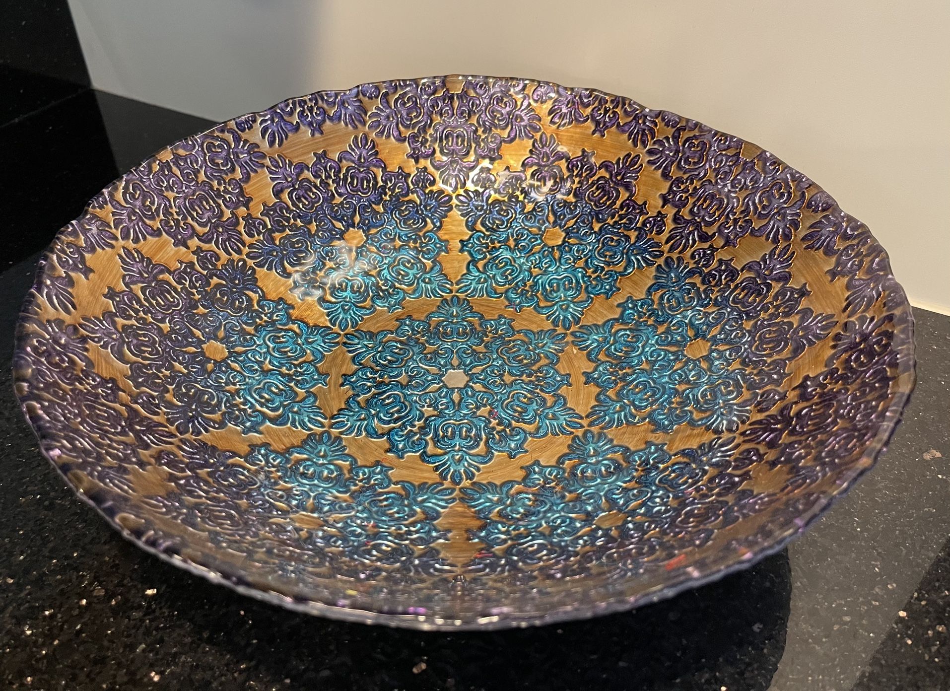 Decorative Glass Bowl Plate 12” Boho Mandala Embossed Blue and Gold Decor 