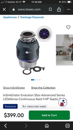 InSinkErator Evolution 55ss Advanced Series LEDefense Continuous feed 1-HP Septic Safe