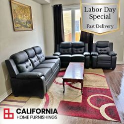 3-Piece Black Faux Leather Living Room Set