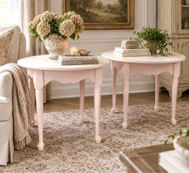 Vintage Ethan Allen Heirloom Queen Anne End Tables, Refinished Rosewater Pink + Whitewashed Wood Top