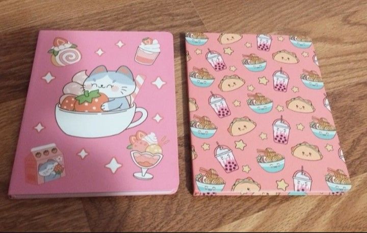 Set of 2 New 6" x 8" Cute Happy Food Cat Hardcover Lined Journals