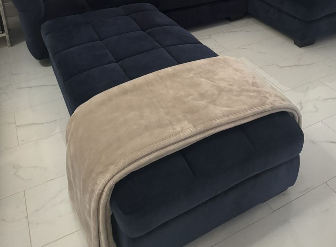 Indigo Blue Velvet Ottoman β Like New!