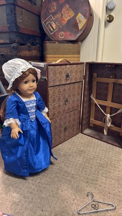 Felicity, American girl, doll clothes, book and antique doll steamer trunk Vintage Felicity, American girl, doll clothes, book and antique doll steame