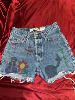 blue denim jean shorts with drawn on design