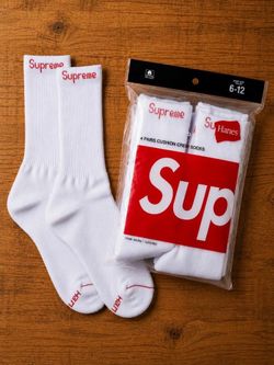 Supreme x Hanes Logo Cushioned Crew Socks 4 Pairs Size 6-12 White
