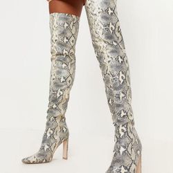 Snake Skin Printed Leather Knee High Heeled Boots 
