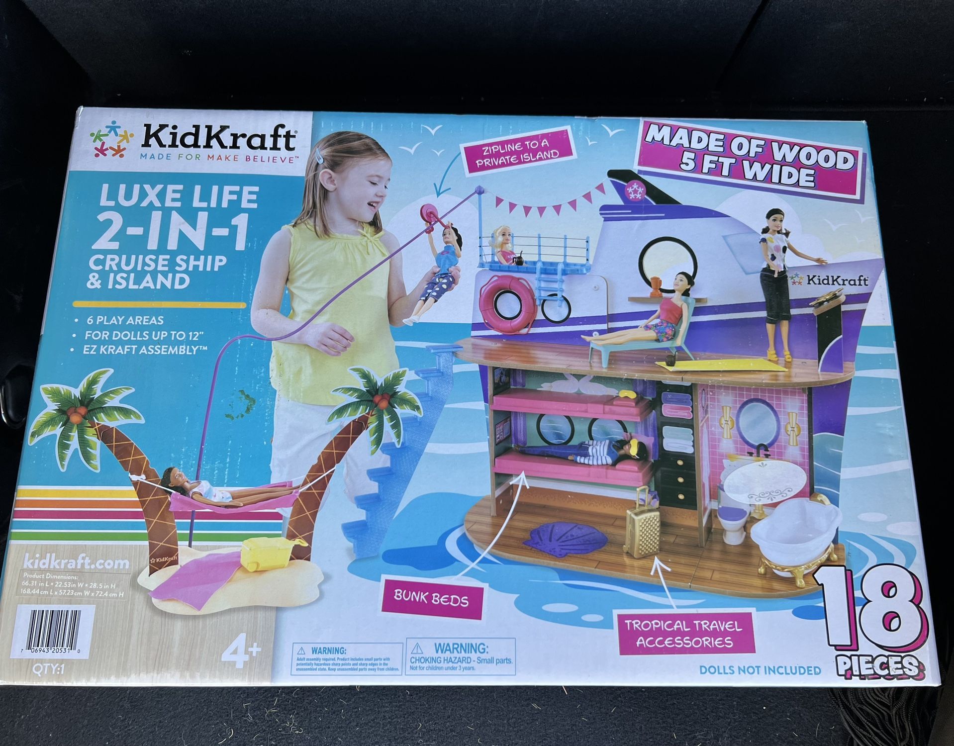 KidKraft Luxe Life 2 in 1 Wooden Cruise Ship and Island Doll Play Set with 18 Accessories