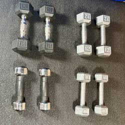 Set of Hex Cast Iron Dumbbells ( light) 12#, 10#, 8# and 5 #   In total: 70 pounds.