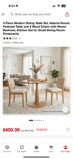 3-Piece Modern Dining Table Set, Natural Round Pedestal Table and 2 Wood Chairs with Woven Backrest, Kitchen Set for Small Dining Room-from target