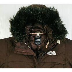 The North Face Goose Down Fur Hood Buckle Jacket Coat Hyvent Womens XS Brown 