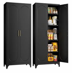 New-Metal Storage Cabinet with Doors, 75" Tall Kitchen Pantry Storage Cabinets, Black Pantry Cabinets with Adjustable Shelves, Home Office Cabinet, La