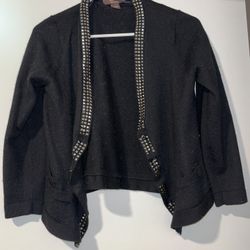 Black open-front cardigan with silver studded embellishments