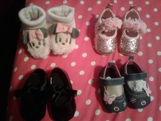 Minnie mouse shoe socks 3 to 6 months, blue shoes 12 months, pink shoes size 3, black shoes size 4