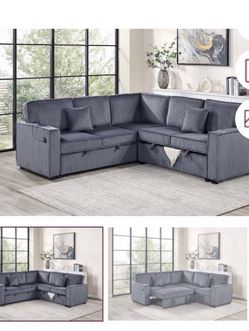 $550.  Sectional Pull Out Bed With Storage USB Cup Holder Available,I Ivory,Dark Gray,Corduroy