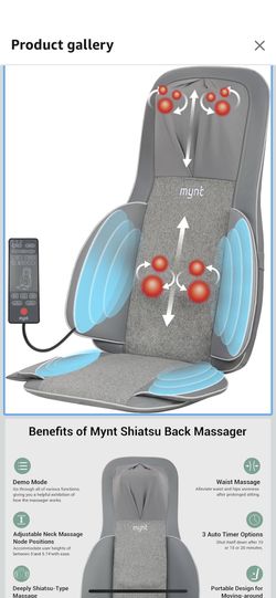 Mynt 2D & 3D Shiatsu Neck and Back Massager for Chair with 10 Deep Kneading Nodes, Adjustable Back Massage with Heat, Portable Massage Chair Pad (Gray