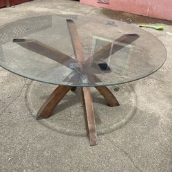 Round Glass Dining Table – Wood Base, Modern Style