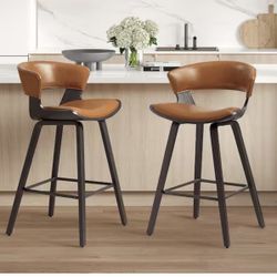 Iya 26.97 in. Seat Height Brown Faux Leather Counter Stools with Metal/Wood Frame and Metal Footrest, (Set of 2)