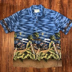 KY’S Hawaiian Shirt Sz Large Surf Board Motorcycles Beach Short Sleeve Tropical!