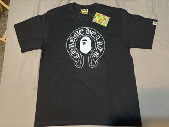 Chrome Hearts x BAPE black t-shirt with white graphic of a face inside a circle with the words 'CHROME HEARTS' #collaboration
