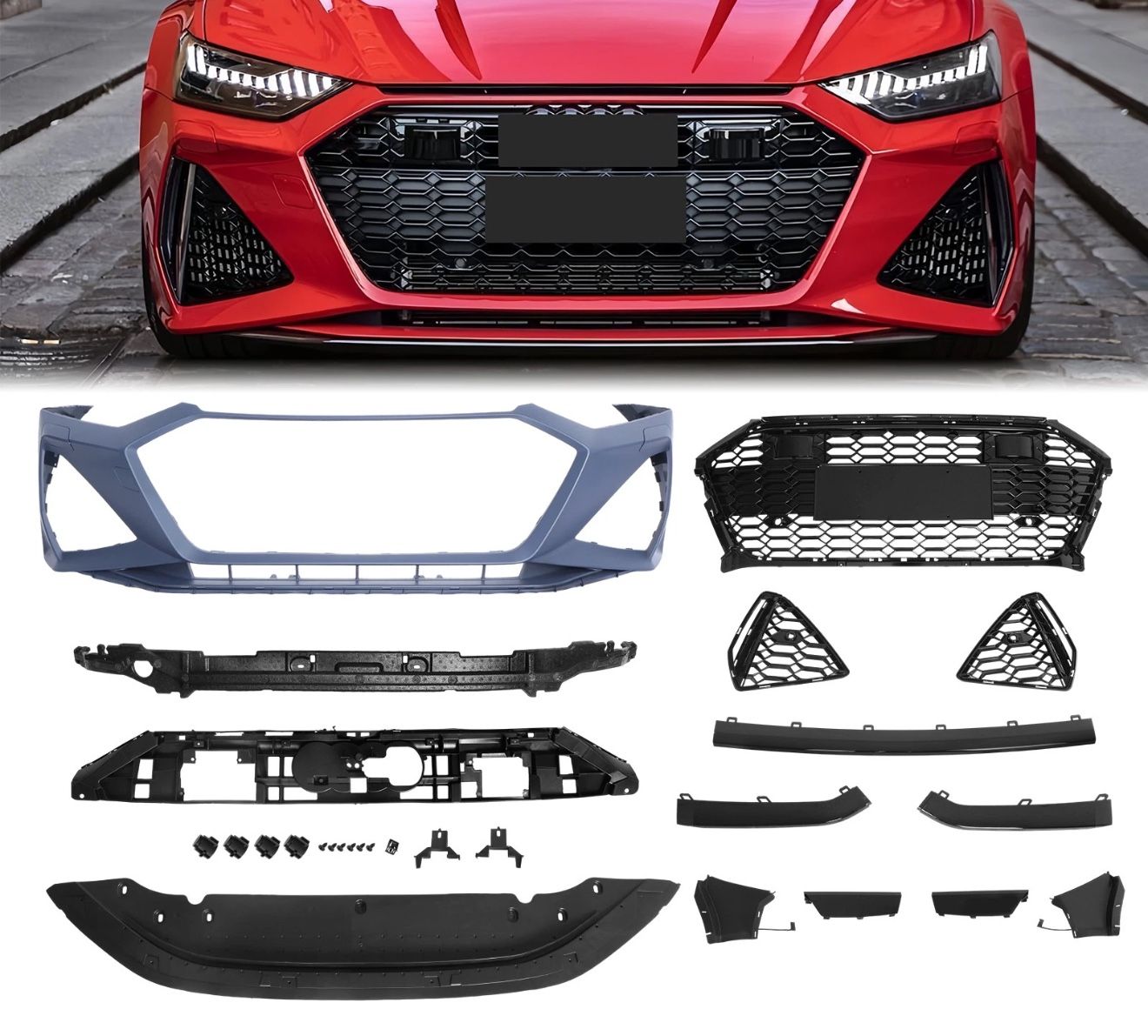Upgrade to RS7 Style For 18-21 Audi A7 Front Bumper with Honeycomb Grille