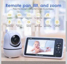 Baby Monitor with Camera and Audio, 720P HD Resolution 5" Display, 4000mAh Up to 22 Hour Battery, Remote Pan-Tilt-Zoom, No WiFi, VOX, Night Vision, 2-