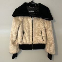 NWT Karl Lagerfeld Paris Sweater Knit Collared Faux Mink Fur Coat Jacket XS