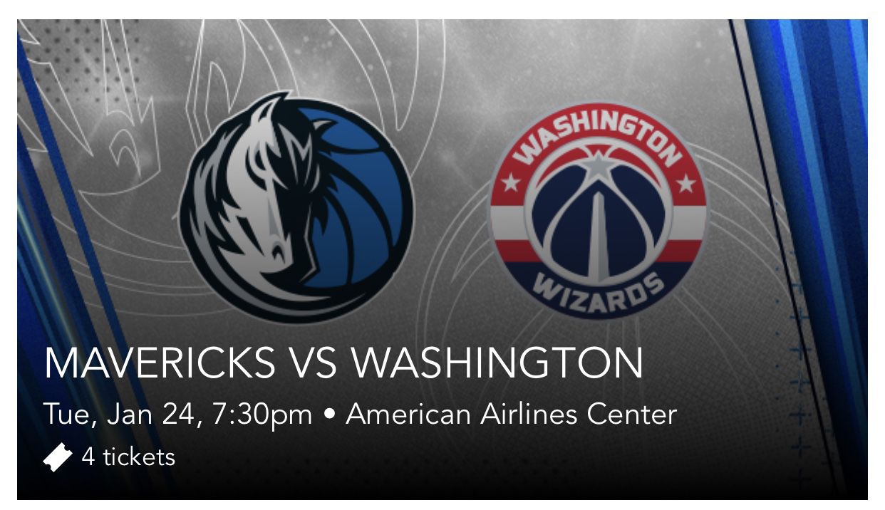 4 NBA Tickets: Dallas Mavs Vs Washington Wizards 1/24/23
