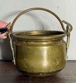 Vintage Mid Century Brass Cauldron Pot with Swing Handle, Small