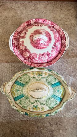 Two vintage lidded ceramic tureens with double handles, large capacity serving pots with natural age crazing on glaze, classic antique British china s