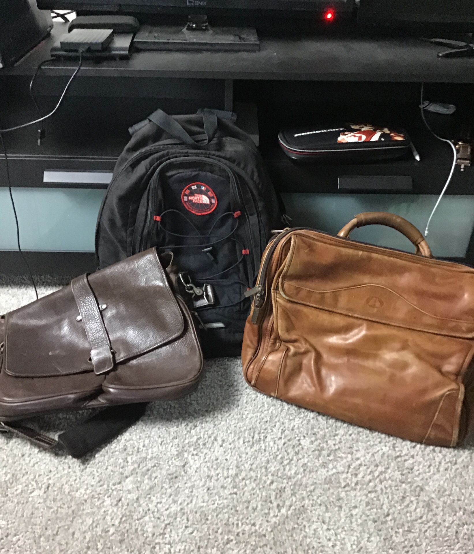 2 Leather Messenger Bags and a Backpack